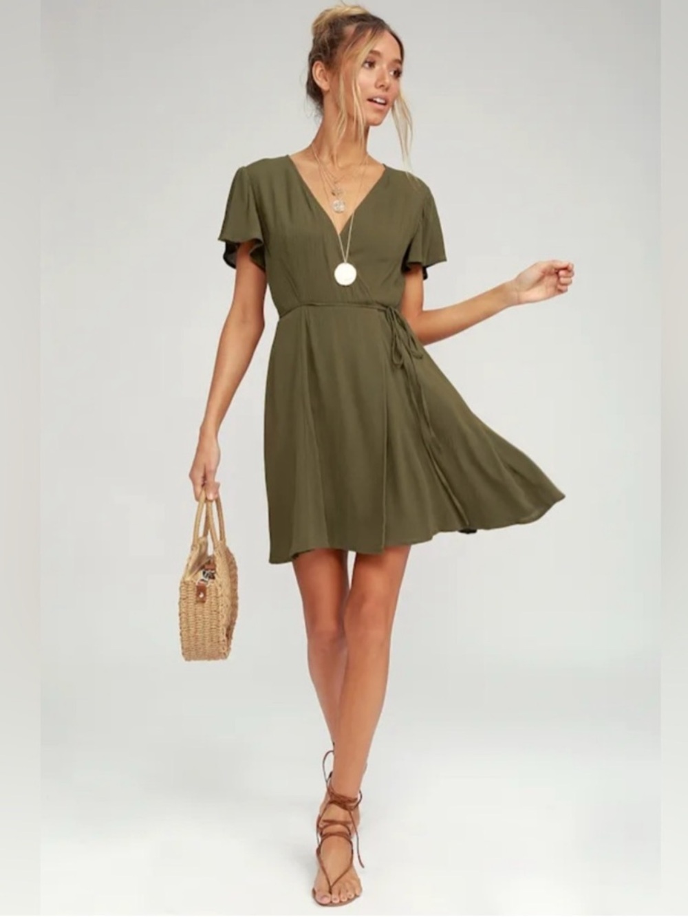 Lulus Harbor Point Olive Green Rayon Wrap Dress Size Medium